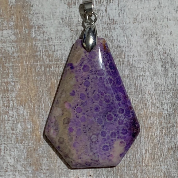 Purple Chrysanthemum Coral Fossil Shield Pendant Necklace – One of a Kind - Picture 6 of 10